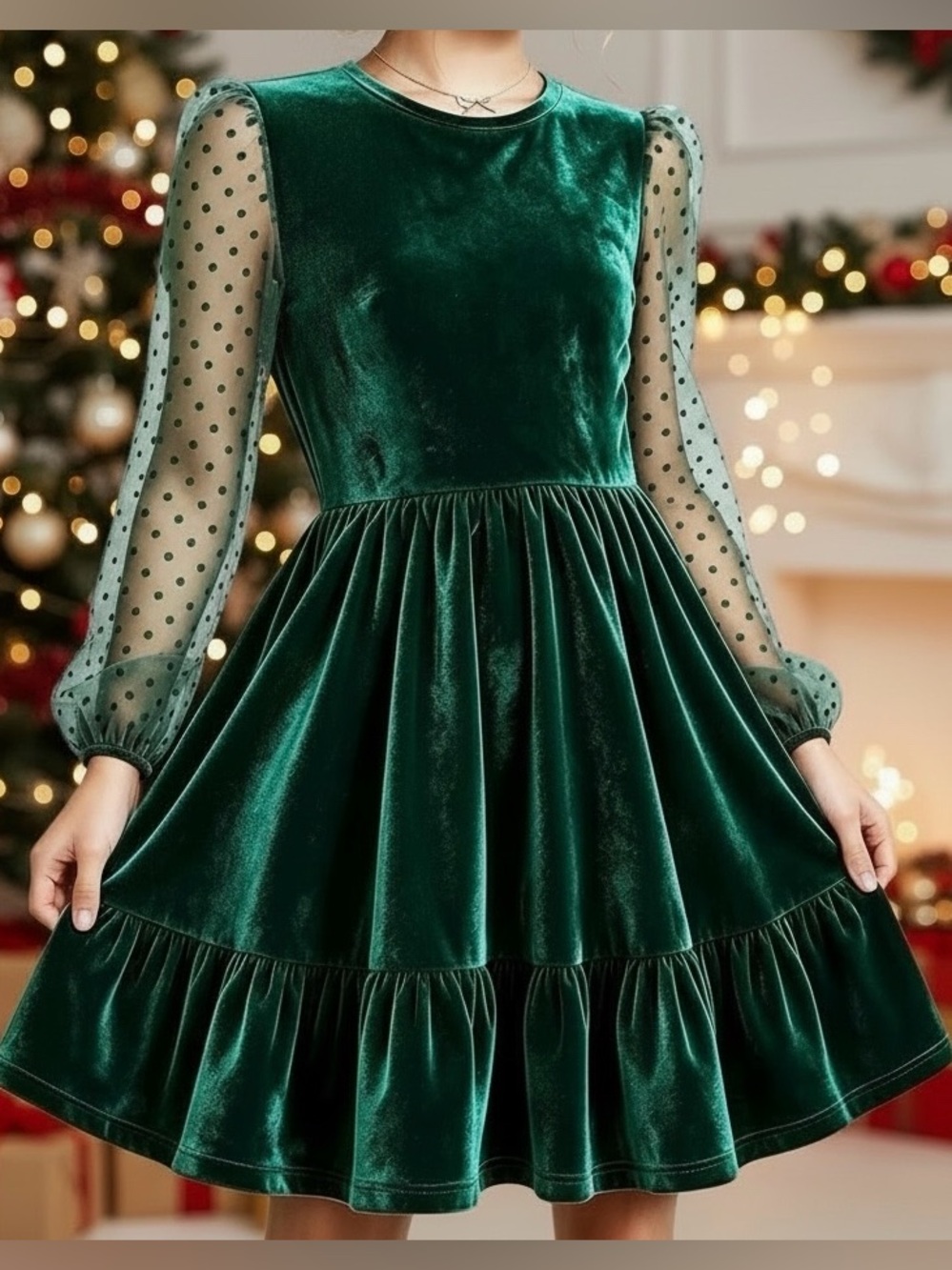 Girls Emerald Green Velvet Christmas Dress Lace Sleeves Size S NEW